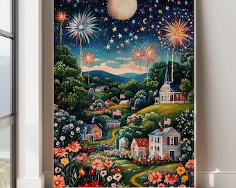 4th of July Patriotic Wall Art Festive Americana Landscape Independence Village Print Independence Day Fireworks Print Digital Holiday Decor