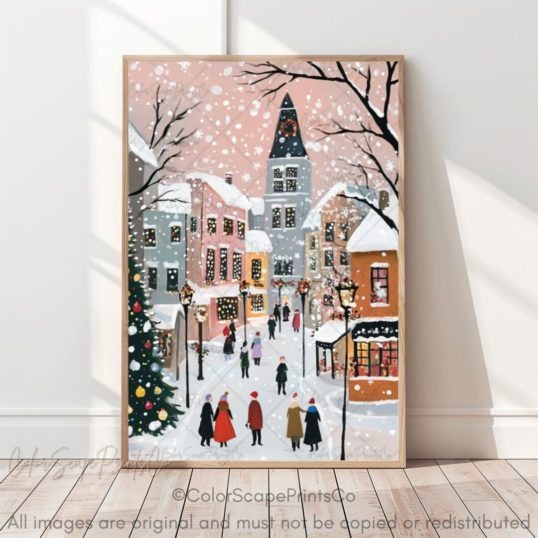 Snowy Street Scene Art Winter Town Wall Art Whimsical Christmas Village ...
