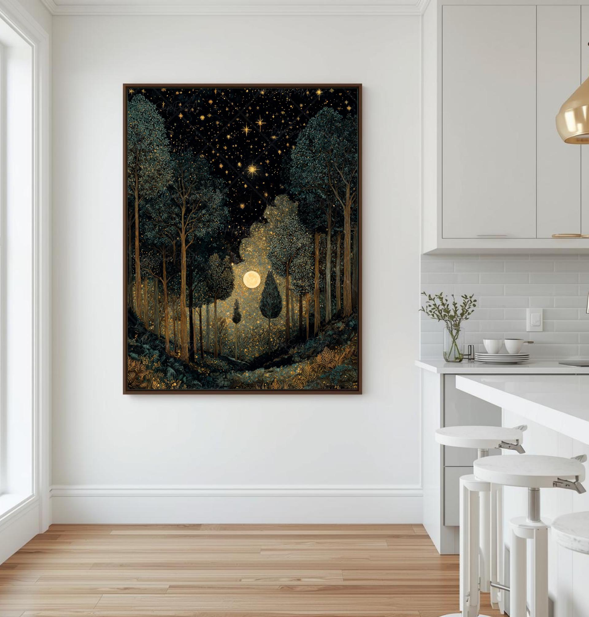 Dark Forest Wall Art Print William Morris Inspired Moon and Stars Night ...