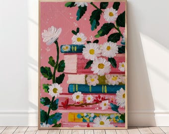 Blumen Bücher Stapel Wand Kunst Druck Rosa Pastell Bücherregal Druck Rosa Gänseblümchen Buch Liebhaber Druck Cottagecore Leseecke Dekor Wunderliche Bibliothek