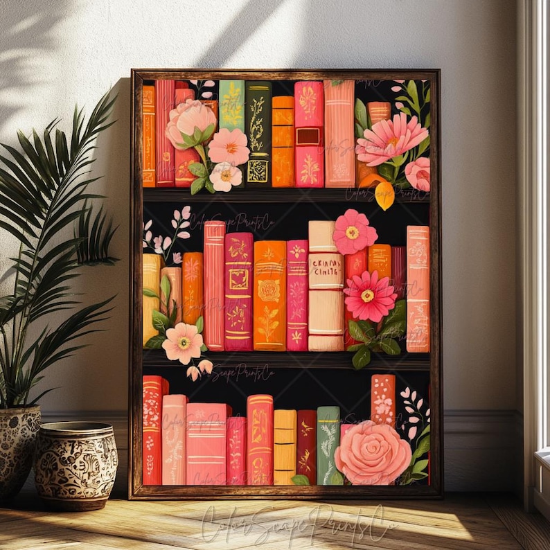 Whimsical Bookshelf Art Print Vintage Book Lover Gift Cozy Reading Nook ...