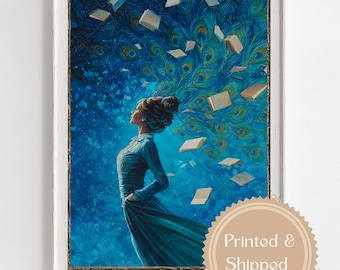Stampa raffigurante una donna che legge con libri fluttuanti, un'opera d'arte da parete per amanti dei libri, ideale per decorare l'angolo lettura di una biblioteca, un'opera d'arte letteraria, una tela con un'estetica fantasy da ragazza lettrice.