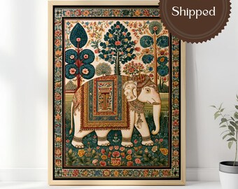 Royal Indian Elephant Canvas Wall Art Mughal Botanical Decor Indian Palace Style Floral Elephant Painting Maximalist Indian Wall Art Print