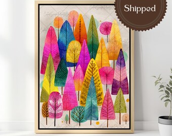 Colorful Abstract Tree Wall Art Print Bright Floral Landscape Whimsical Forest Painting Pink Botanical Artwork Boho Maximalist Nursery Decor
