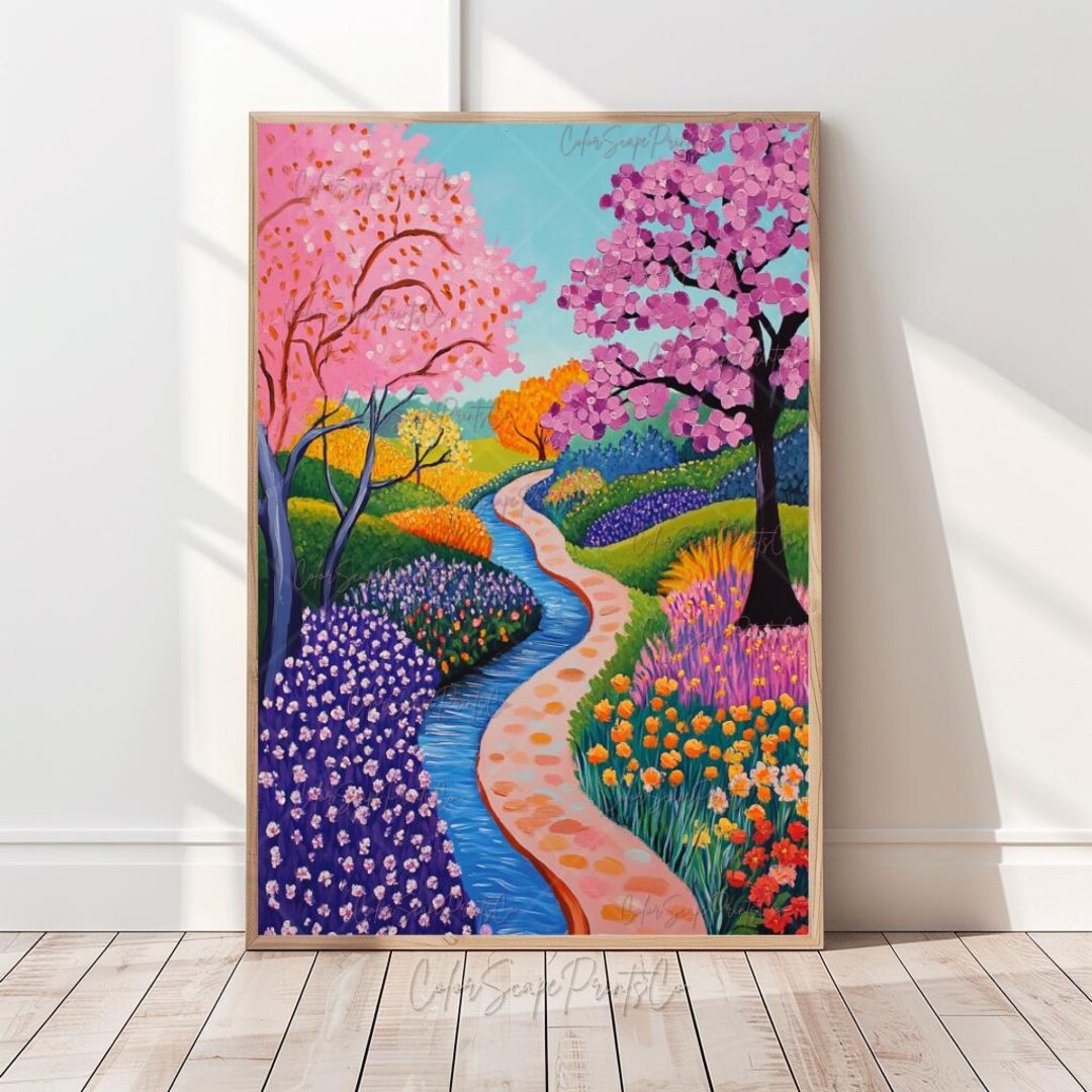 Colorful Spring Landscape Print Tulips Garden Decor Floral Pathway