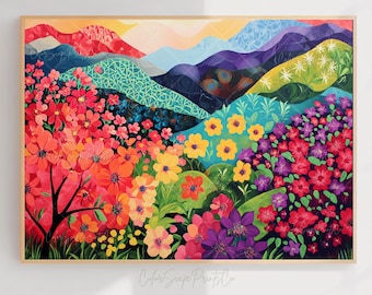 Impresión abstracta de paisaje de montaña, pintura de montaña colorida, paisaje vibrante, impresión de flores silvestres, arte de pared colorido, paisaje de montaña colorido