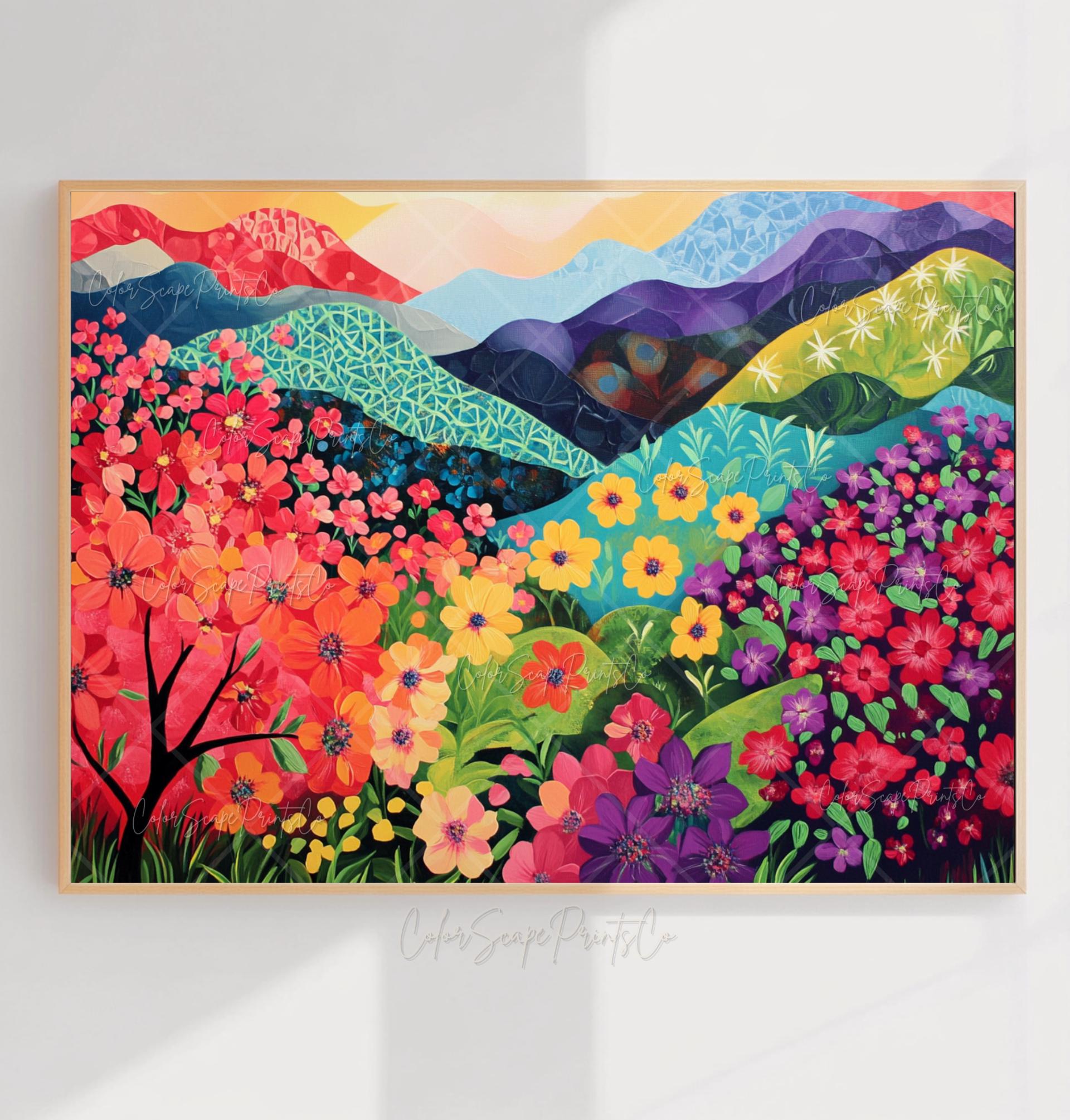抽象的な山の風景プリント カラフルな山の絵画 鮮やかな風景 野生の花