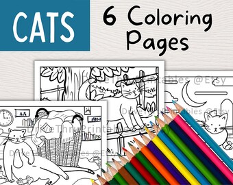 Cat Coloring Pages BUNDLE of 6 pages, Printable Adult Coloring book | Kids Girls Boys | funny cats | Activity At Home | cute kitty cats