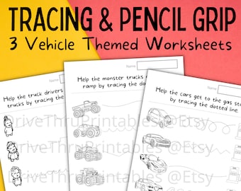 Pencil Grip Tracing Worksheets for Kids | Practice holding a pencil | Preschool Pre-K + Kindergarten  | Printable | cars trucks dotted line