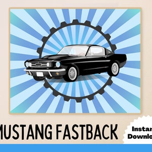 Väggkonst med muskelbil direktnedladdning - Ford Mustang Fastback - pojkrumsinredning - sovrum - barnkammarinredning - flickrum - modern - blå