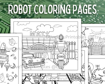 Pode incluir: Um conjunto de páginas para colorir de robôs em preto e branco, com um robô dirigindo um carro, um robô em pé na frente de um shopping center e um robô segurando uma placa. As páginas são perfeitas para crianças que amam robôs e colorir.