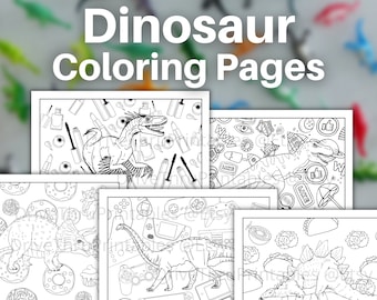 Può includere: Un set di quattro pagine da colorare in bianco e nero con diversi dinosauri. Ogni pagina ha un diverso motivo di sfondo, tra cui ciambelle, trucco, icone dei social media e controller per videogiochi.