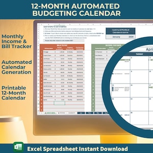May include: A computer screen displaying a spreadsheet with a 12-month automated budgeting calendar. The spreadsheet includes sections for bills to pay, income, and a calendar view. The calendar is highlighted in blue and shows the month of April. The text "Excel Spreadsheet Instant Download" is displayed at the bottom of the screen.