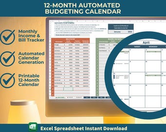 Monthly Income & Bill Tracker | Budgeting Calendar Excel Template | 12-Month Financial Planner | Automated Budget Tool | Instant Printable
