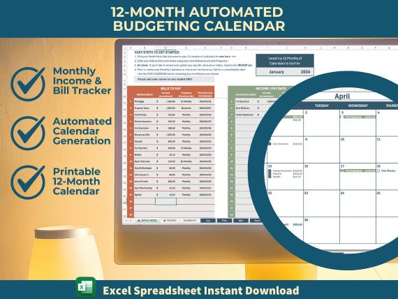 Monthly Income & Bill Tracker | Budgeting Calendar Excel Template | 12-Month Financial Planner | Automated Budget Tool | Instant Printable