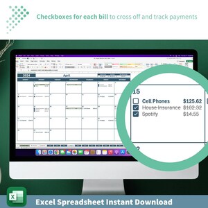May include: A computer screen displaying an Excel spreadsheet with a calendar for the month of April 2024. The spreadsheet includes a section for tracking bills with checkboxes to mark when they are paid. The bills listed include Cell Phones, House Insurance, and Spotify. The amounts for each bill are listed as &pound;125.62, &pound;102.32, and &pound;14.55, respectively.