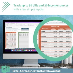 May include: A computer screen displaying an Excel spreadsheet with a title that reads "BILLS TO PAY". The spreadsheet is designed to track up to 50 bills and 20 income sources. The spreadsheet includes columns for bill description, amount, frequency, and first due date.