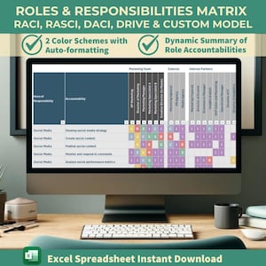 Puede incluir: Una pantalla de ordenador muestra una matriz de roles y responsabilidades con celdas codificadas por colores. La pantalla muestra una tabla con encabezados como «Área de responsabilidad» y «Responsabilidad». El texto en la parte superior dice «MATRIZ DE ROLES Y RESPONSABILIDADES». También se ven un teclado, un ratón y una taza.