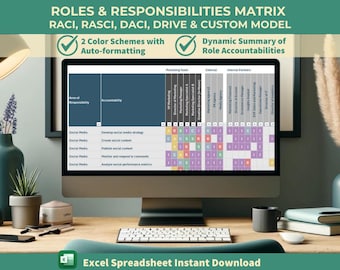 Roles & Responsibilities Matrix | RACI, RASCI, DACI, Drive, and Custom Models | Excel Spreadsheet Template for Managers or Teams
