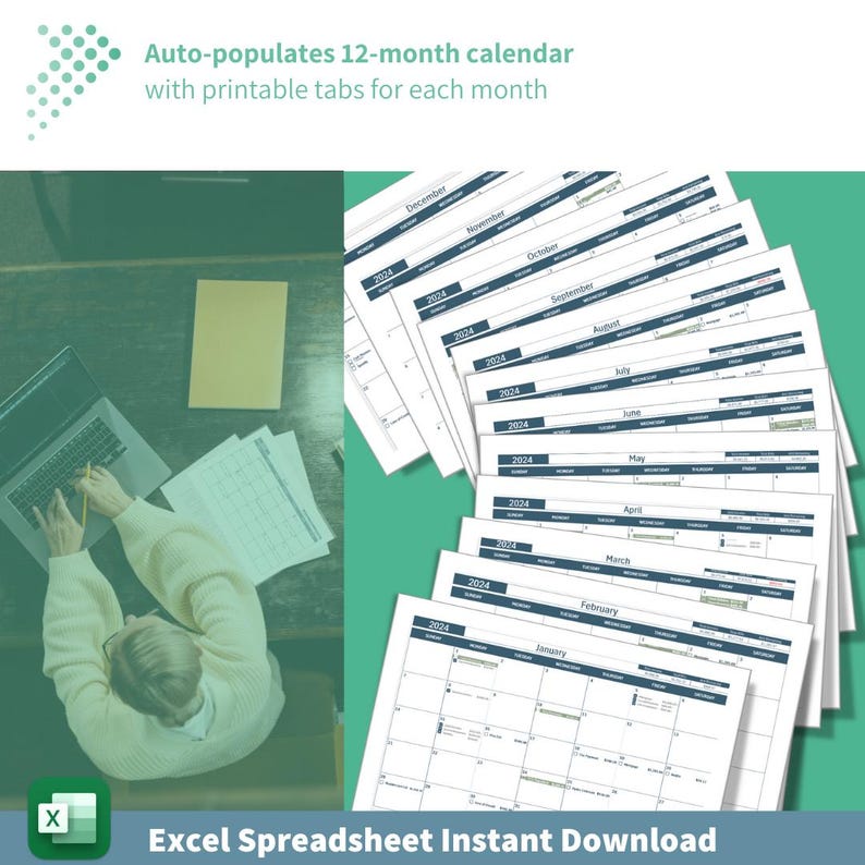 May include: A computer screen displaying a 12-month calendar spreadsheet in Excel. The calendar is auto-populated with printable tabs for each month. The text "Excel Spreadsheet Instant Download" is at the bottom of the screen.