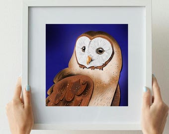 Lámina enmarcada de búho, encantadora obra de arte de búho común, arte de aves silvestres inspirado en la naturaleza, decoración de aves, regalo para amantes de los búhos, decoración del hogar para observar aves