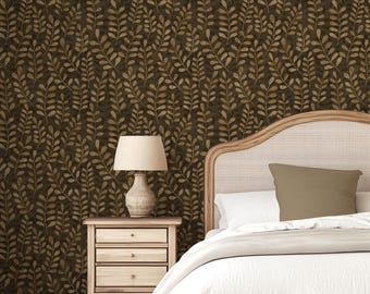 Textured Leaf Wallpaper, Warm Chocolate Botanical, Removable Faux Linen (Smooth or Woven)