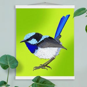 Blue Fairy Wren Poster with Hanger, Australian Bird Artwork, Blue Fairy Wren, Unique Bird Nerd Gift, Nature Inspired Wild Birdwatching Gift
