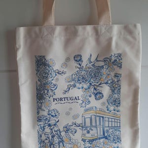 Sacola de algodão para lembrança de Portugal, presente artesanal, sacola de algodão estilo linho, presente acessível, amante de Portugal, carro elétrico, lembrança de Lisboa, azulejos