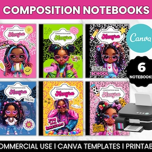 Black Girl Custom Name Composition Notebook Cover Canva Template, Teen girl Printable notebook, Editable, Back to school composition book