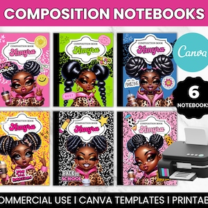 chibi Black Girl Custom Name Composition Notebook Cover Canva Template, Teen girl Printable notebook, Back to school composition book