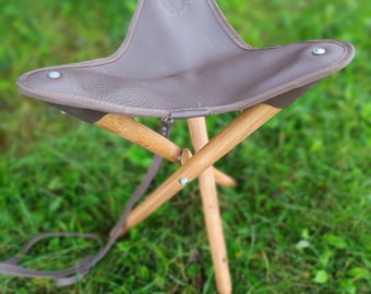 Handmade Durable portable folding chair | Leather Wood Folding Stool | Tripod Chair for Hunting, Fishing, Camping & Outdoor Adventures Gift