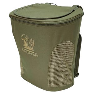 Può includere: Zaino verde oliva con parte superiore con cerniera e pannello laterale in rete. La borsa presenta un logo a forma di fungo con la scritta "ACROPOLIS" stampata sotto. La borsa ha una maniglia sulla parte superiore e una tracolla.