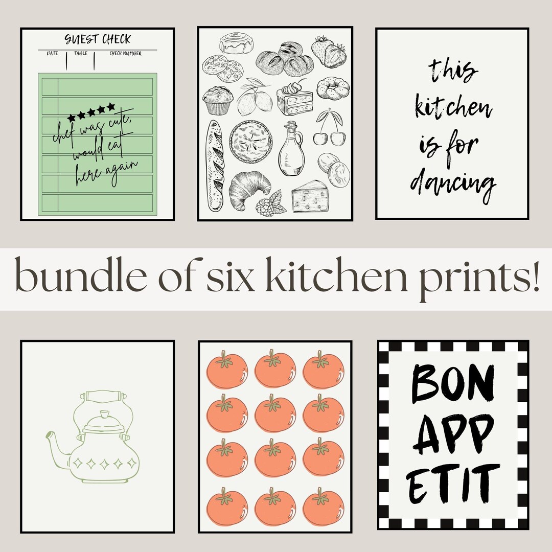 set of 2 bon appetit prints, retro cooking prints,... Kitchen Gallery Wall Set / Bon Appetit Art / Retro Food Print / Kitchen ...
