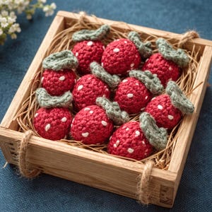 Puede incluir: Una caja de madera llena de fresas hechas a mano. Cada fresa roja tiene detalles de semillas blancas y una hoja verde tejida. La caja está forrada con paja y se encuentra sobre una superficie azul.