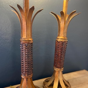 Vintage Palm Tree Table Lamps – Set of 2 Wicker & Gold Hollywood Regency Style