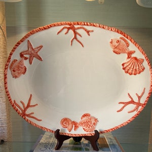 Italian Coastal Coral Scene Serving Platter – Hand-Painted Ceramic Ocean-Inspired Decor