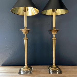 Pair of Vintage Italian Brass Buffet Lamps | Mid Century Modern Table Lamps | Lucite Base | Hollywood Regency Lighting