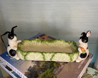 Vintage Fitz & Floyd Kensington Rabbit Lettuce Leaf Tray – 1987 Ceramic Bunny Planter