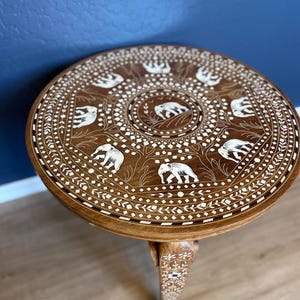 Hand-Carved Elephant Inlay Side Table: Artisan Boho Decor