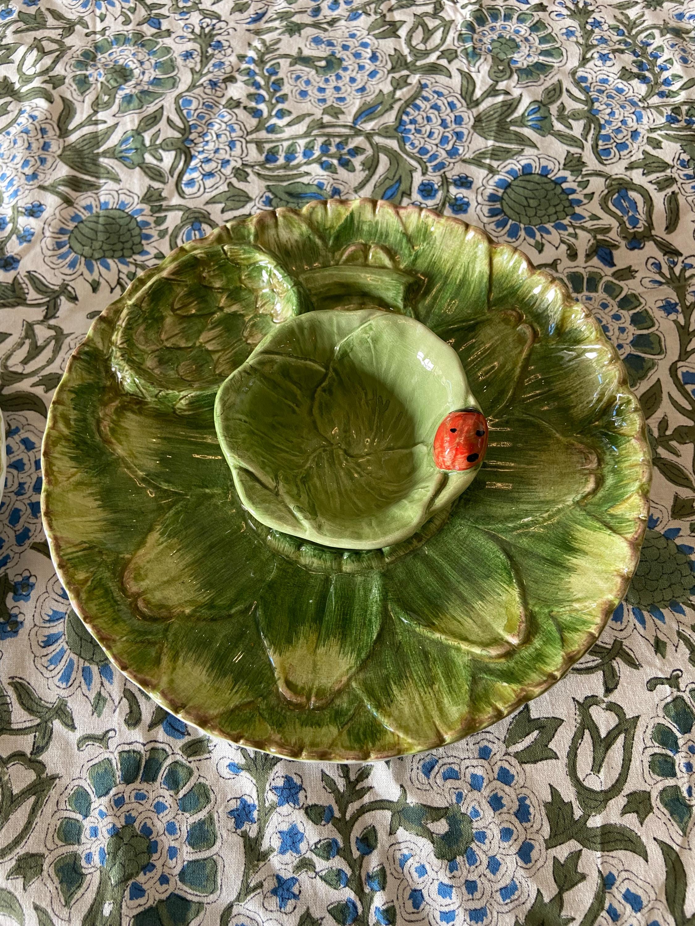 Vintage Italian Majolica Artichoke Plates with Dip Cups – Hand-Painted Ceramic Set