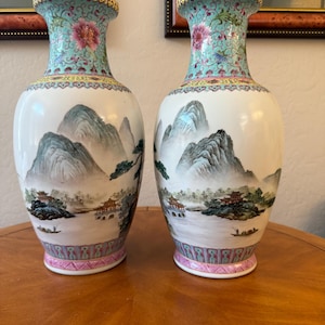 Large Famille Rose Porcelain Vases: Hand-Painted Chinoiserie Decor