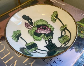 Vintage Chinese Cloisonné-Style Lotus Bowl | Hand-Painted Enamel Over Brass | Made in China Wall Plate | Floral Decorative Dish