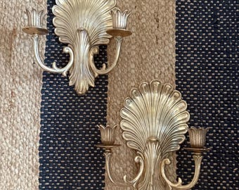 Pair of Vintage Andrea by Sadek Clam Shell Wall Sconces | Hollywood Regency Brass Candlabra Sconces | Coastal Glam Wall Decor
