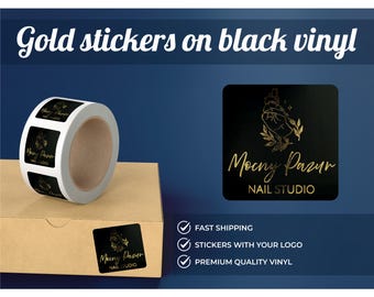 May include: Roll of gold stickers on black vinyl with the text "Mocny Pazur NAIL STUDIO" and a design of a hand holding a bottle of nail polish.