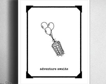 Adventure Awaits, Doctor Who PRINTABLE // 8x10 Tardis Art with Whimsical Balloons // PDF, JPG Instant Download, Digital Download