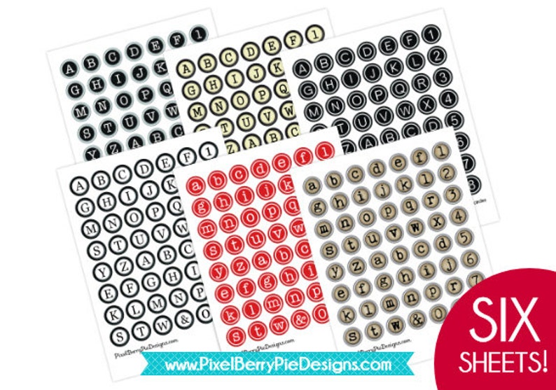 SET of 6 Typewriter Key Printable Sheets 1 inch Bottle Cap Circle Collage Sheets Six vintage-style alphabet buttons GREAT DEAL!