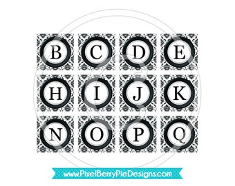 1 inch Antique Damask Typewriter Keys, White / Black Digital Collage Sheet, Printable Graphic Inchies (Instant Download) PDF/JPG