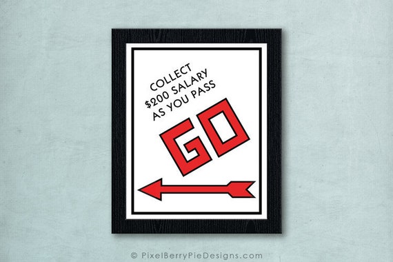 Go Monopoly 8x10 Art Print Game Room Wall Art Vintage Board Game Prints Collect 200 Salary As You Pass Go