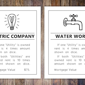 Carte de propriété Monopoly Utilities, impression d'art 8 x 10 // Oeuvres d'art sur l'eau et l'électricité // Art mural de la salle de jeux // Impression de jeu de société familial