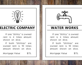 Monopoly Utilities Property Card, 8x10 Art Print // Water & Electric Artwork // Game room wall art // Family board game print